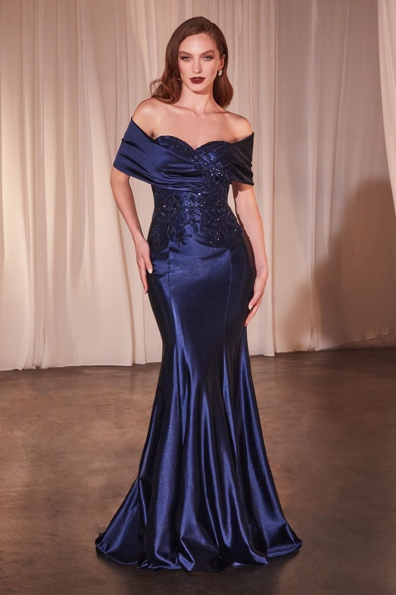 CDS507 OFF THE SHOULDER SATIN & LACE GOWN