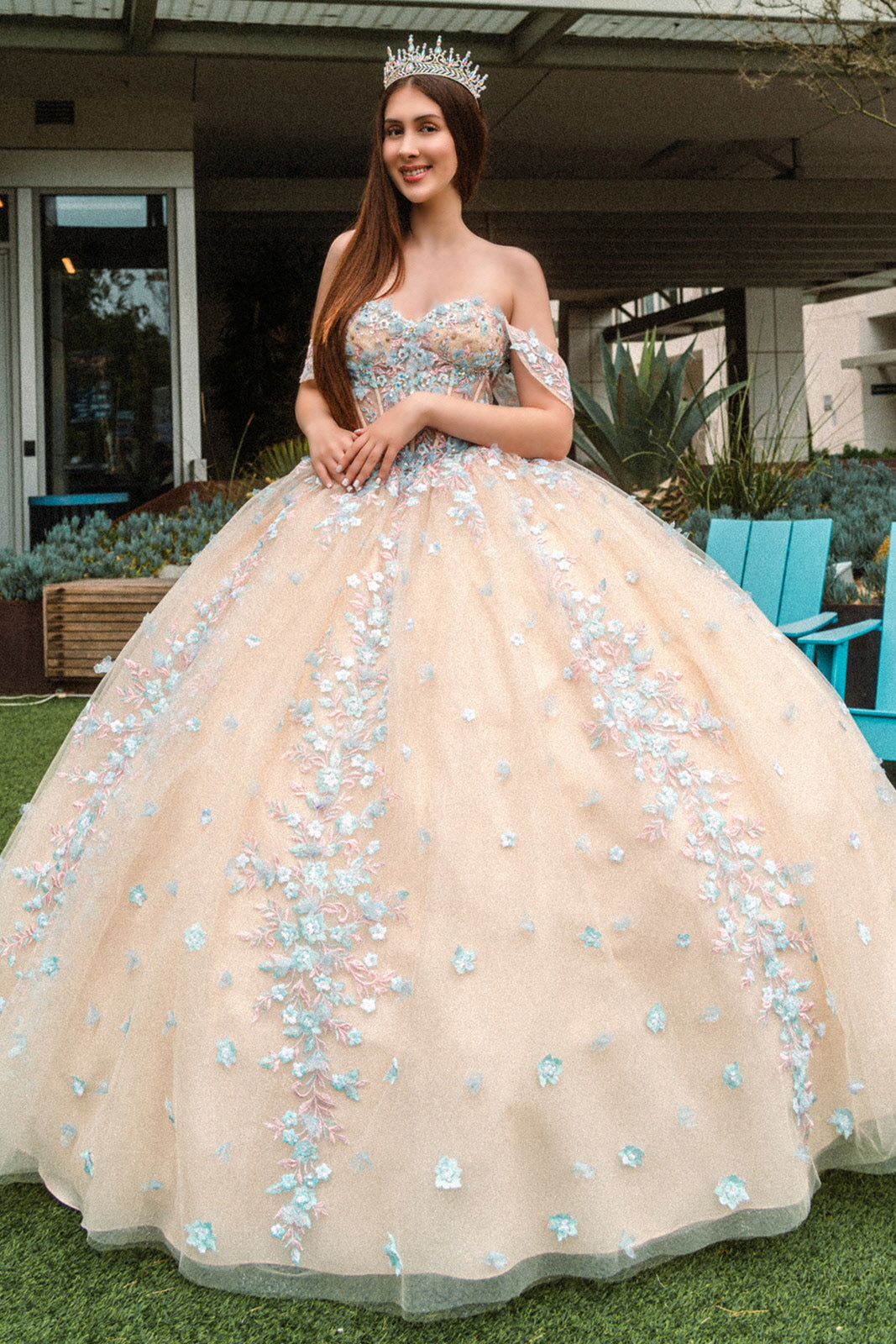 GL3504 GLS by Gloria 3D Floral Applique Embellished Sweetheart Sheer Bodice Quinceanera Dress