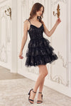 KV1090 GLITTER PRINTED A-LINE RUFFLE SHORT DRESS