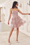 KV1090 GLITTER PRINTED A-LINE RUFFLE SHORT DRESS