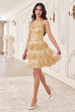 KV1090 GLITTER PRINTED A-LINE RUFFLE SHORT DRESS