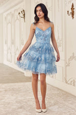 KV1090 GLITTER PRINTED A-LINE RUFFLE SHORT DRESS