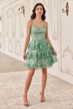 KV1090 GLITTER PRINTED A-LINE RUFFLE SHORT DRESS