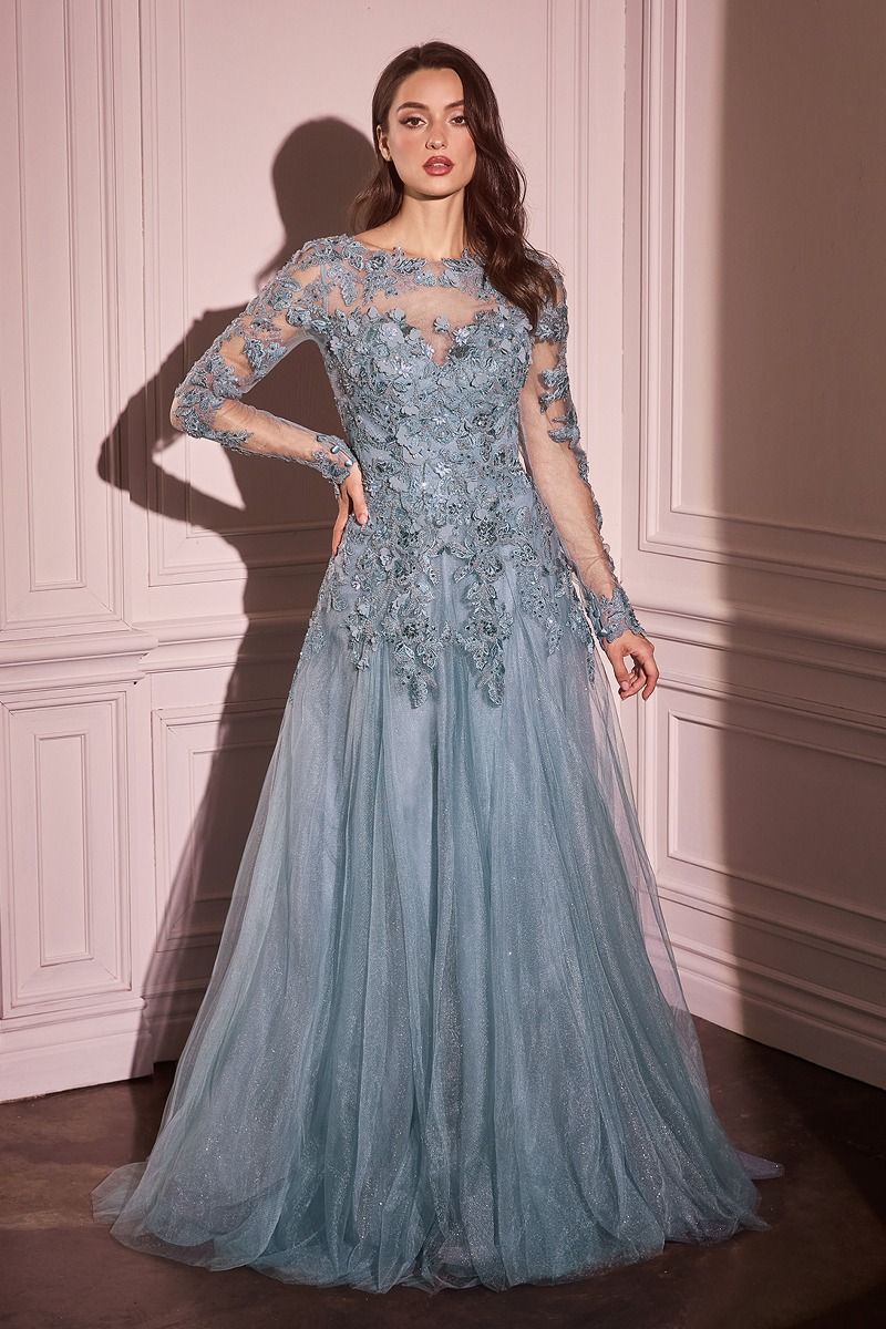 MA108 LACE LAYERED TULLE LONG SLEEVE GOWN