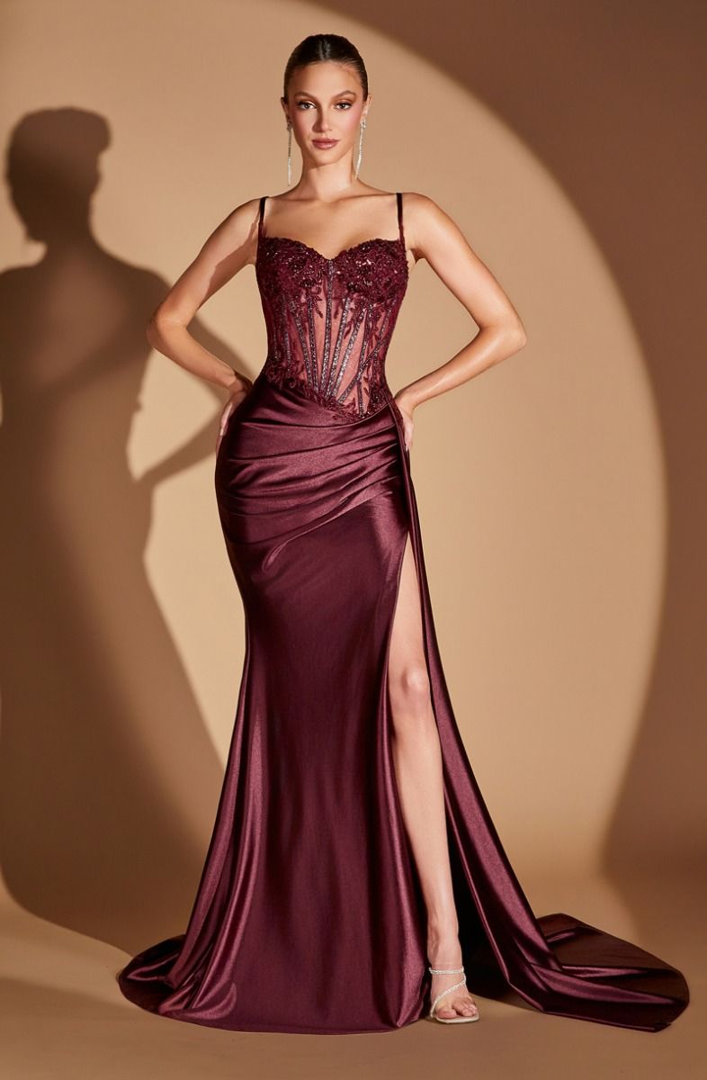 CD868 EMBELLISHED LACE & SATIN FITTED GOWN