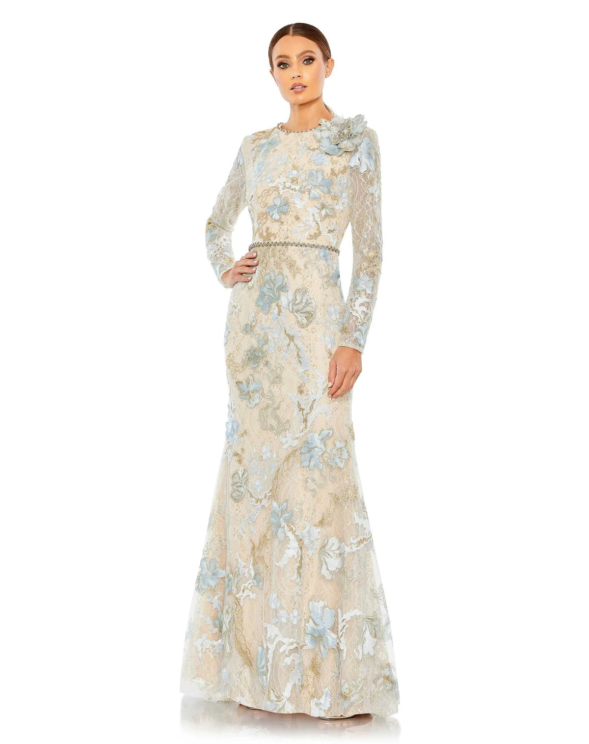 11174 LONG SLEEVE FLORAL ACCENTED LONG GOWN - SARAH FASHION