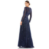 11184 Plunging Striped Sequin Long Sleeve Gown - SARAH FASHION