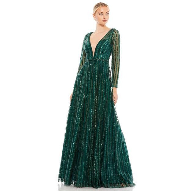 11184 Plunging Striped Sequin Long Sleeve Gown - SARAH FASHION