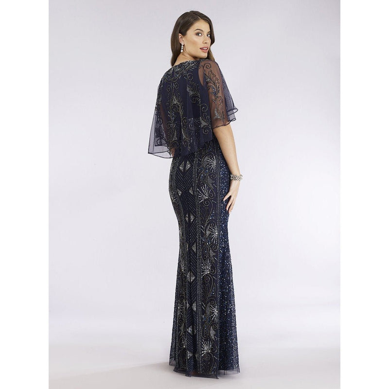 29393 - Cape Sleeve Beaded Gown - SARAH FASHION