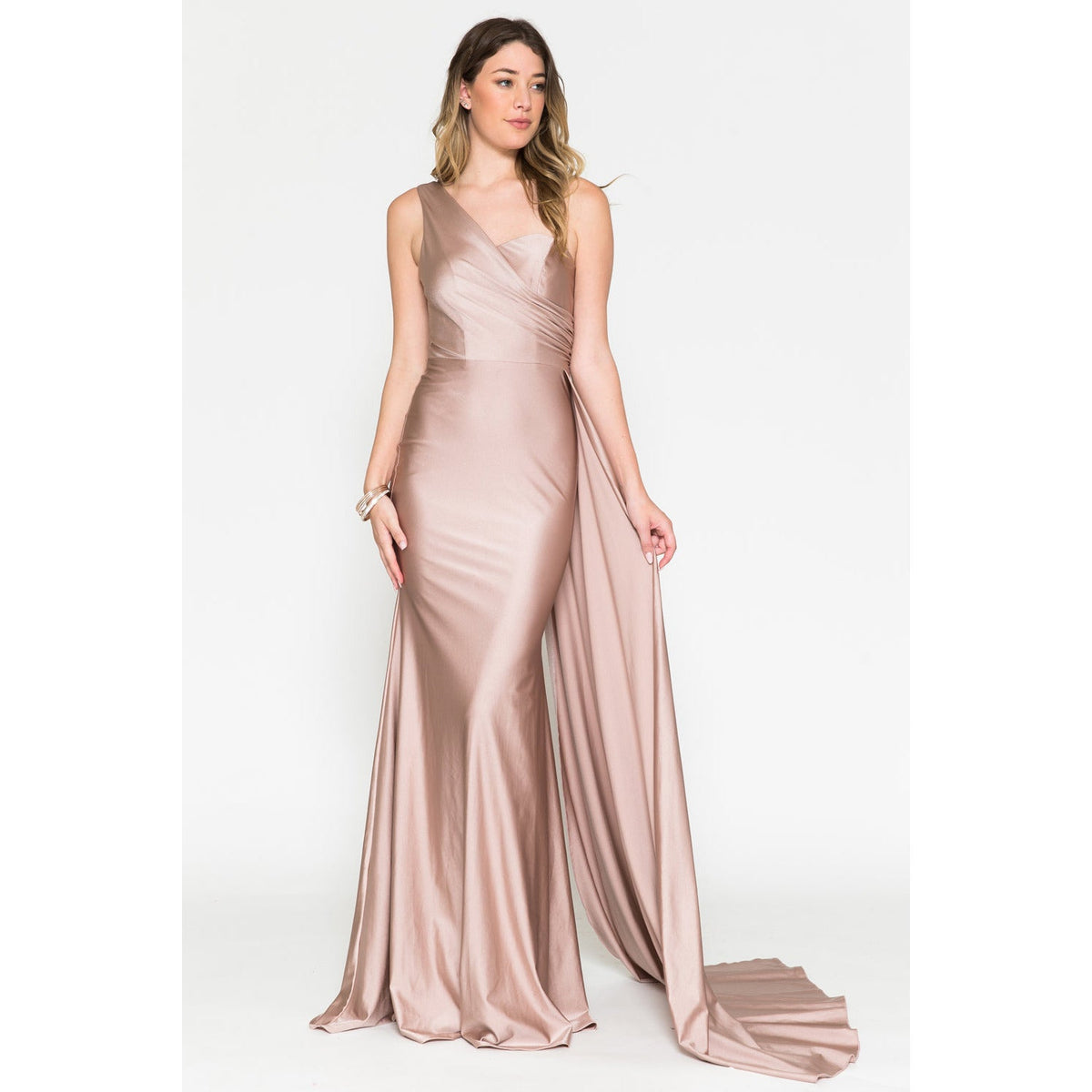 387 One Shoulder Satin Fitted Evening Dress - SARAH FASHION