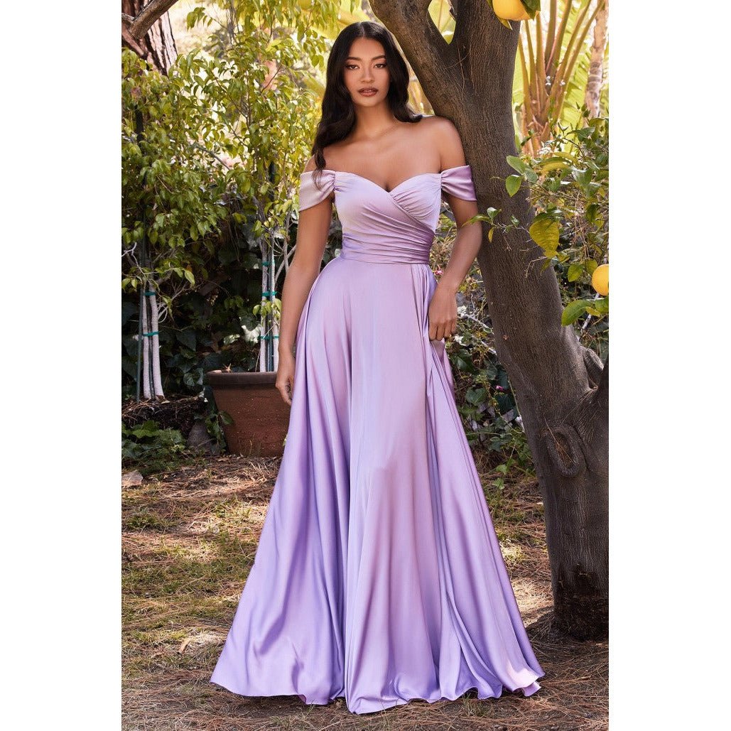 7493C SATIN A-LINE OFF THE SHOULDER DRESS - SARAH FASHION