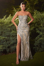 A1256 STRAPLESS CRYSTAL SILVER-NUDE GOWN - SARAH FASHION