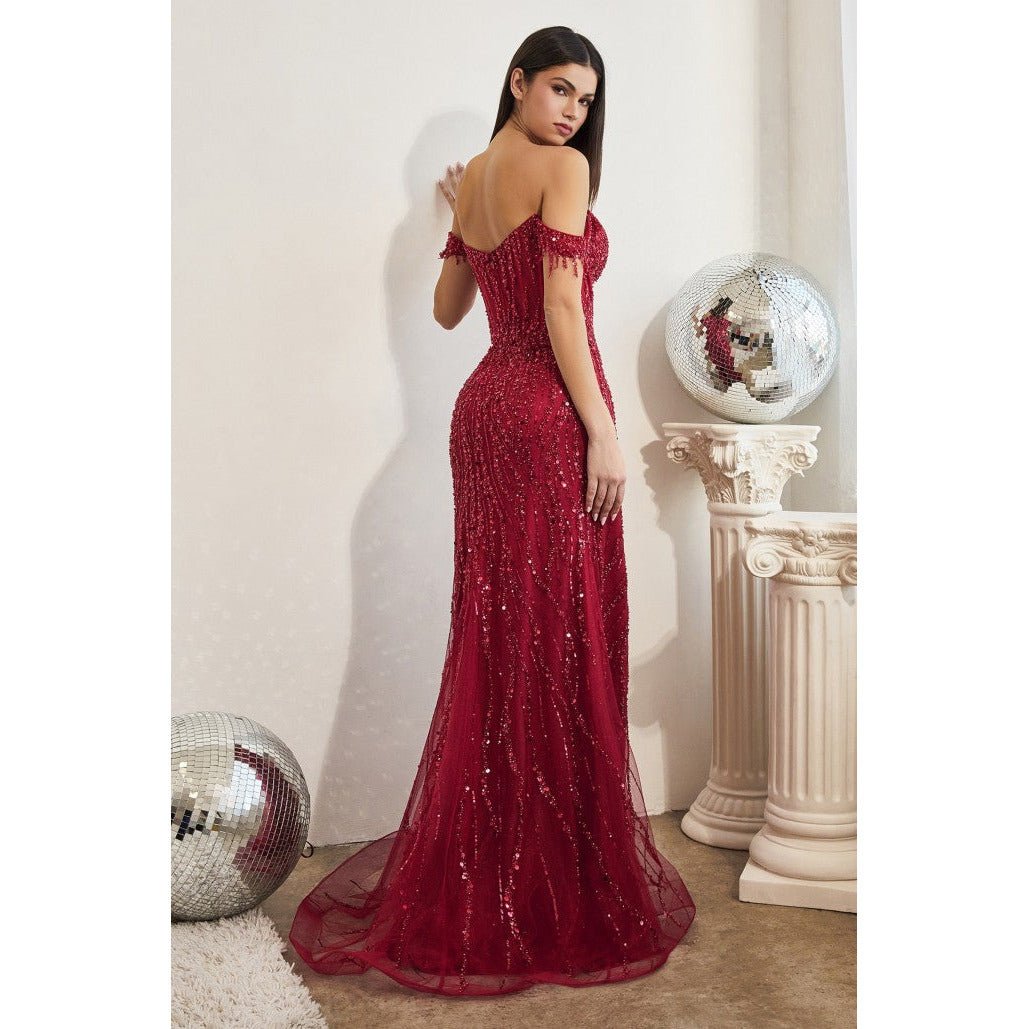 CD0203 OFF THE SHOULDER SEQUIN GOWN - SARAH FASHION