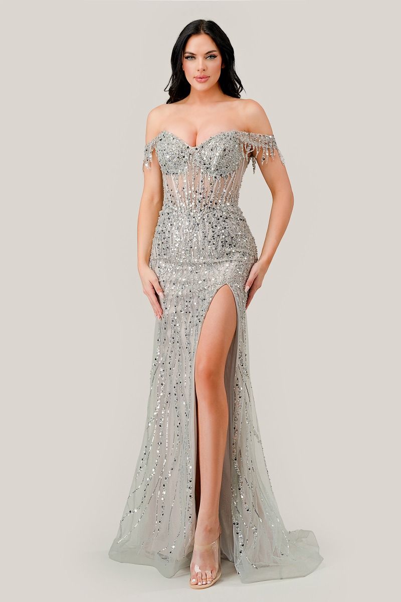 CD0203 OFF THE SHOULDER SEQUIN GOWN - SARAH FASHION