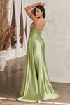 CD809 SATIN FIITTED GOWN WITH SASH & LACE DETAIL - SARAH FASHION