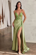 CD809 SATIN FIITTED GOWN WITH SASH & LACE DETAIL - SARAH FASHION