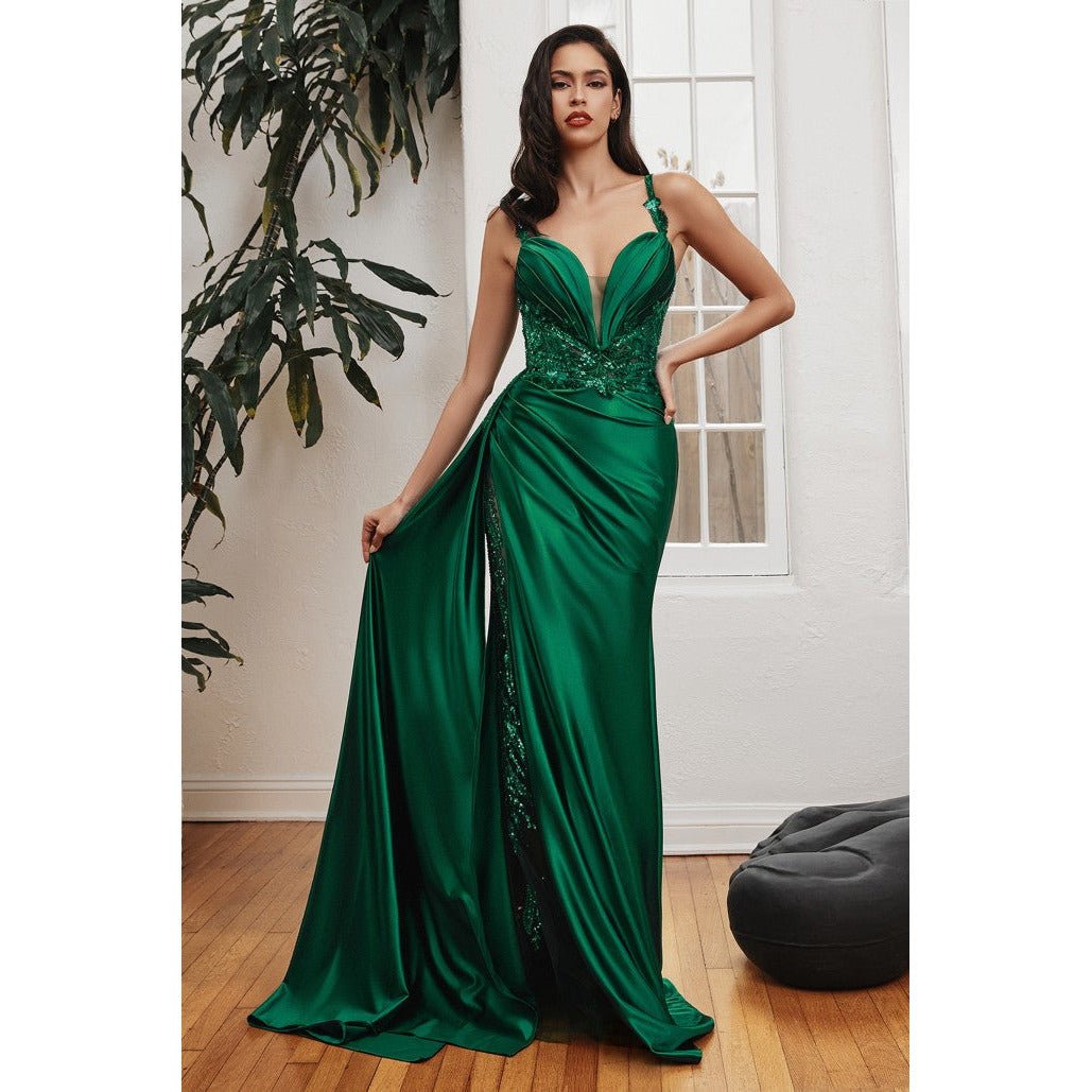 CDS417 SOFT SATIN FITTED GOWN WITH SASH - SARAH FASHION