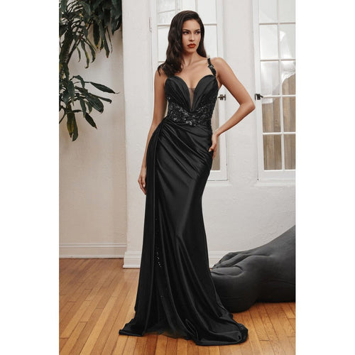 CDS417 SOFT SATIN FITTED GOWN WITH SASH - SARAH FASHION