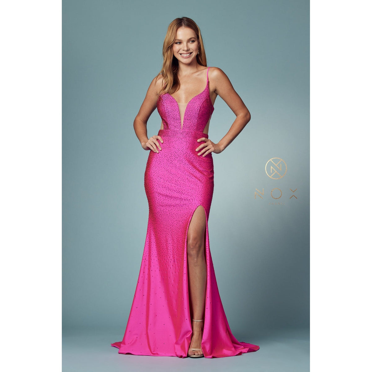 E1003 BEADED CUTOUT PROM DRESS - SARAH FASHION