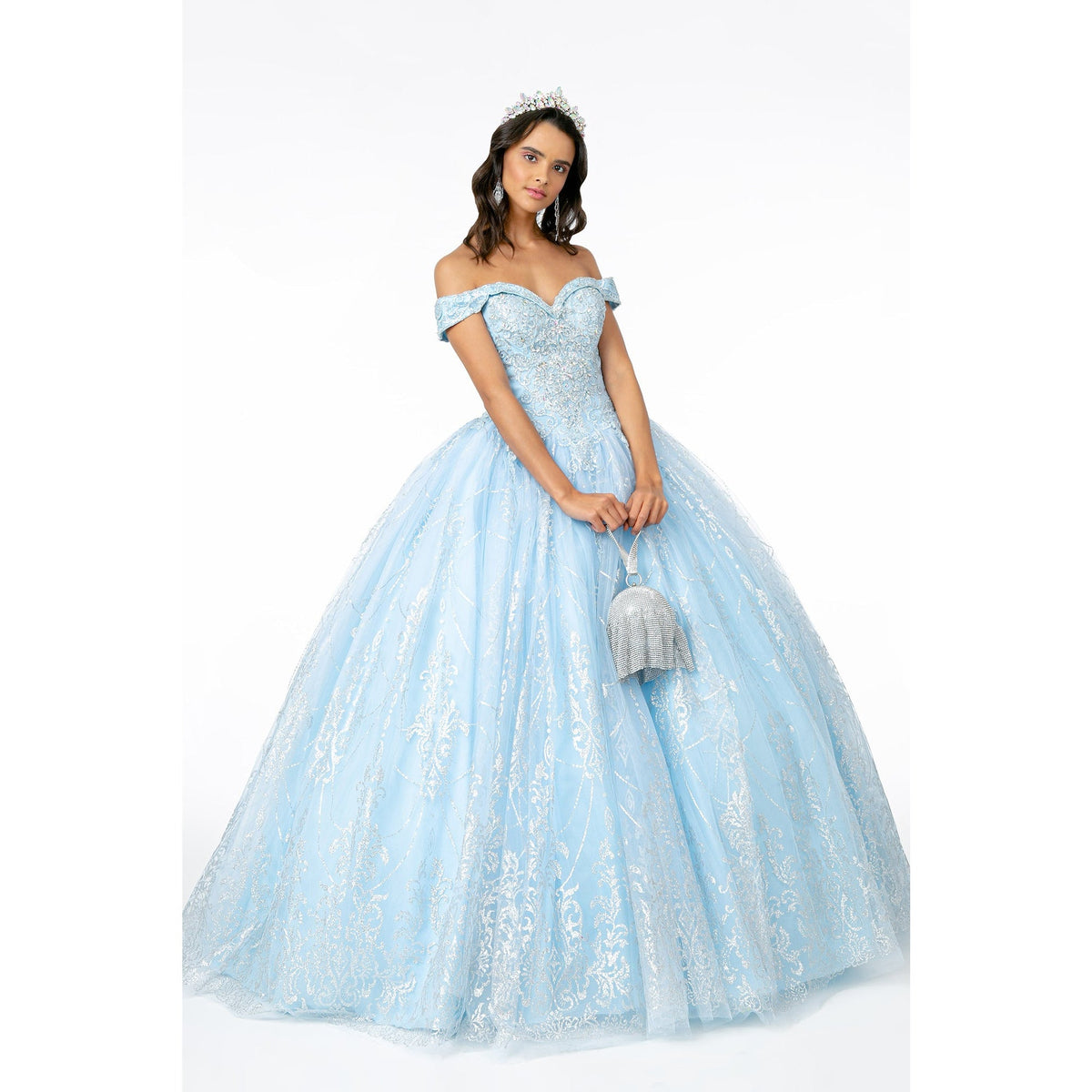 GL2910 Elizabeth K Cut-Away Shoulder Glitter Mesh Quinceanera Dress - SARAH FASHION