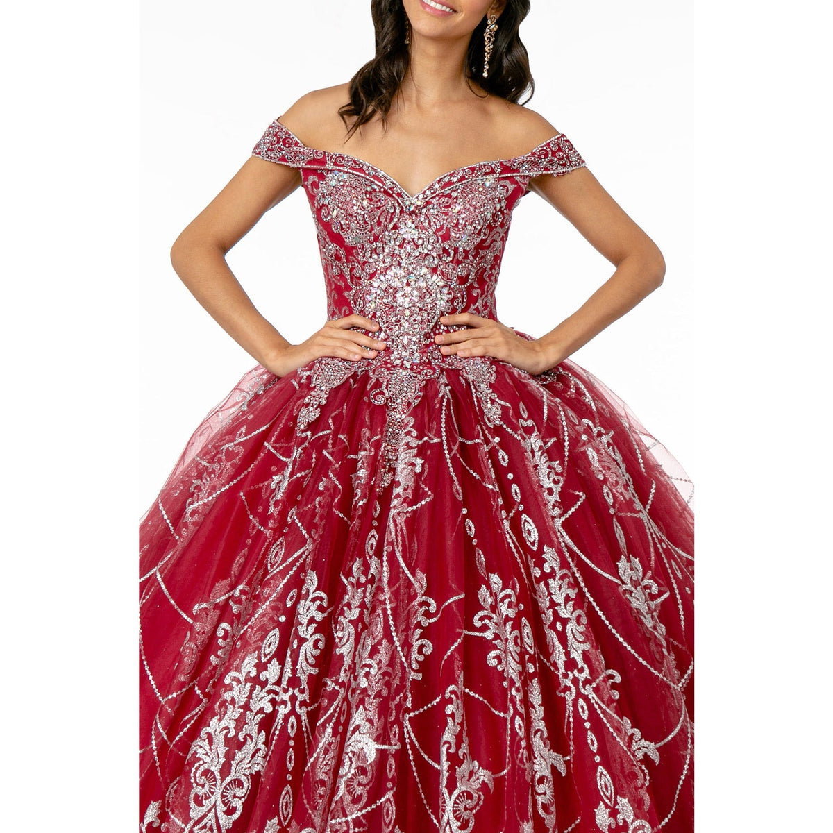 GL2910 Elizabeth K Cut-Away Shoulder Glitter Mesh Quinceanera Dress - SARAH FASHION