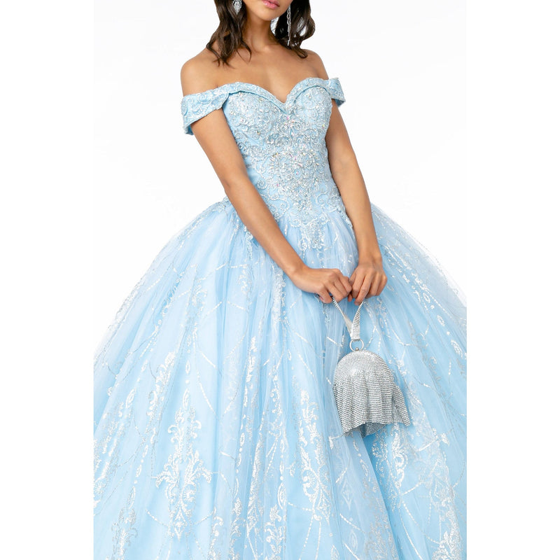 GL2910 Elizabeth K Cut-Away Shoulder Glitter Mesh Quinceanera Dress - SARAH FASHION