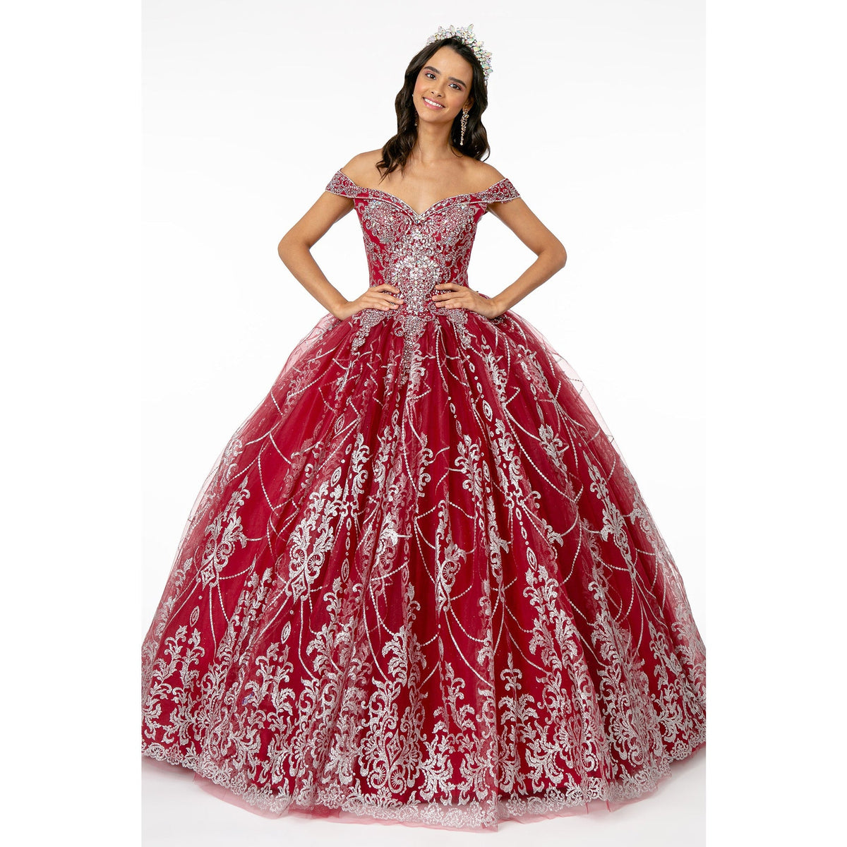 GL2910 Elizabeth K Cut-Away Shoulder Glitter Mesh Quinceanera Dress - SARAH FASHION