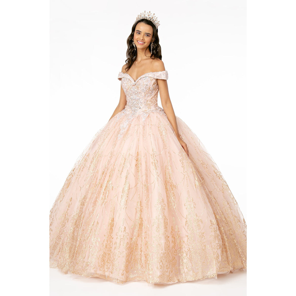 GL2910 Elizabeth K Cut-Away Shoulder Glitter Mesh Quinceanera Dress - SARAH FASHION