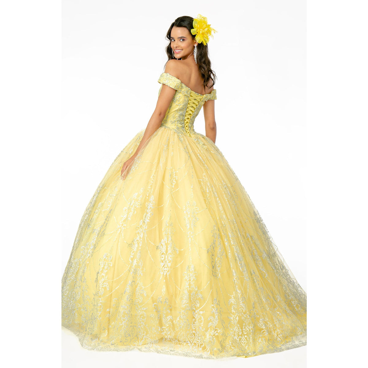 GL2910 Elizabeth K Cut-Away Shoulder Glitter Mesh Quinceanera Dress - SARAH FASHION