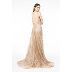 GL2955 Deep V-Neck Glitter Sequin Mesh A-Line Dress w/ V-Back - SARAH FASHION