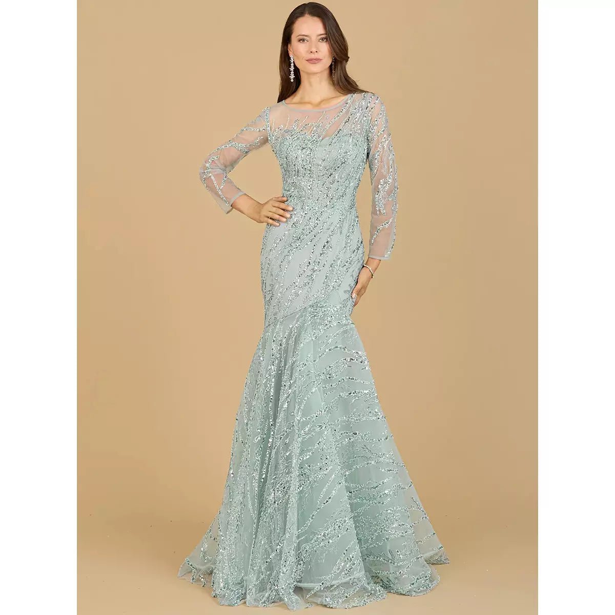 LARA 29199 - LONG SLEEVE MERMAID BEADED GOWN - SARAH FASHION