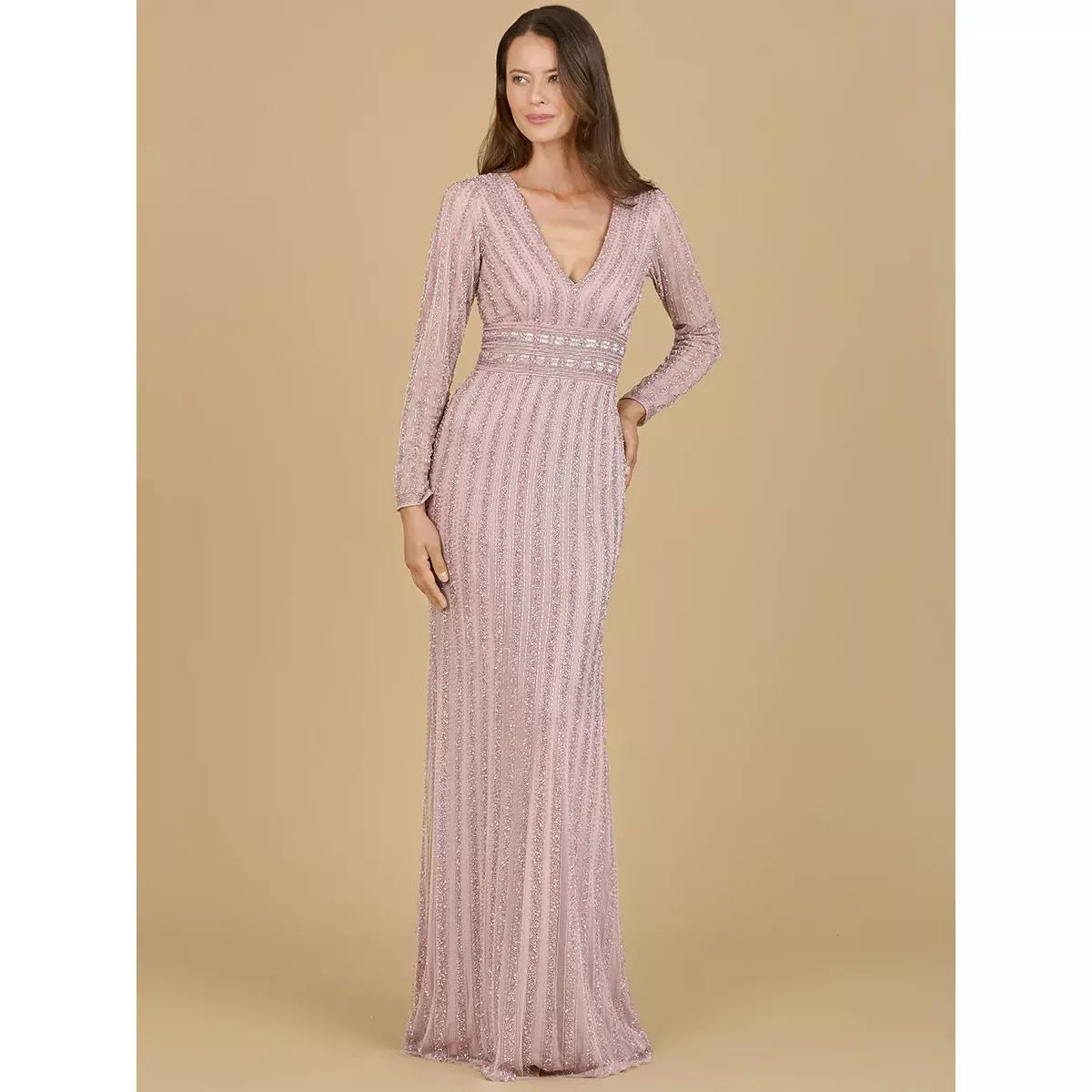 LARA 29203 - LONG SLEEVE V-NECK BEADED GOWN - SARAH FASHION