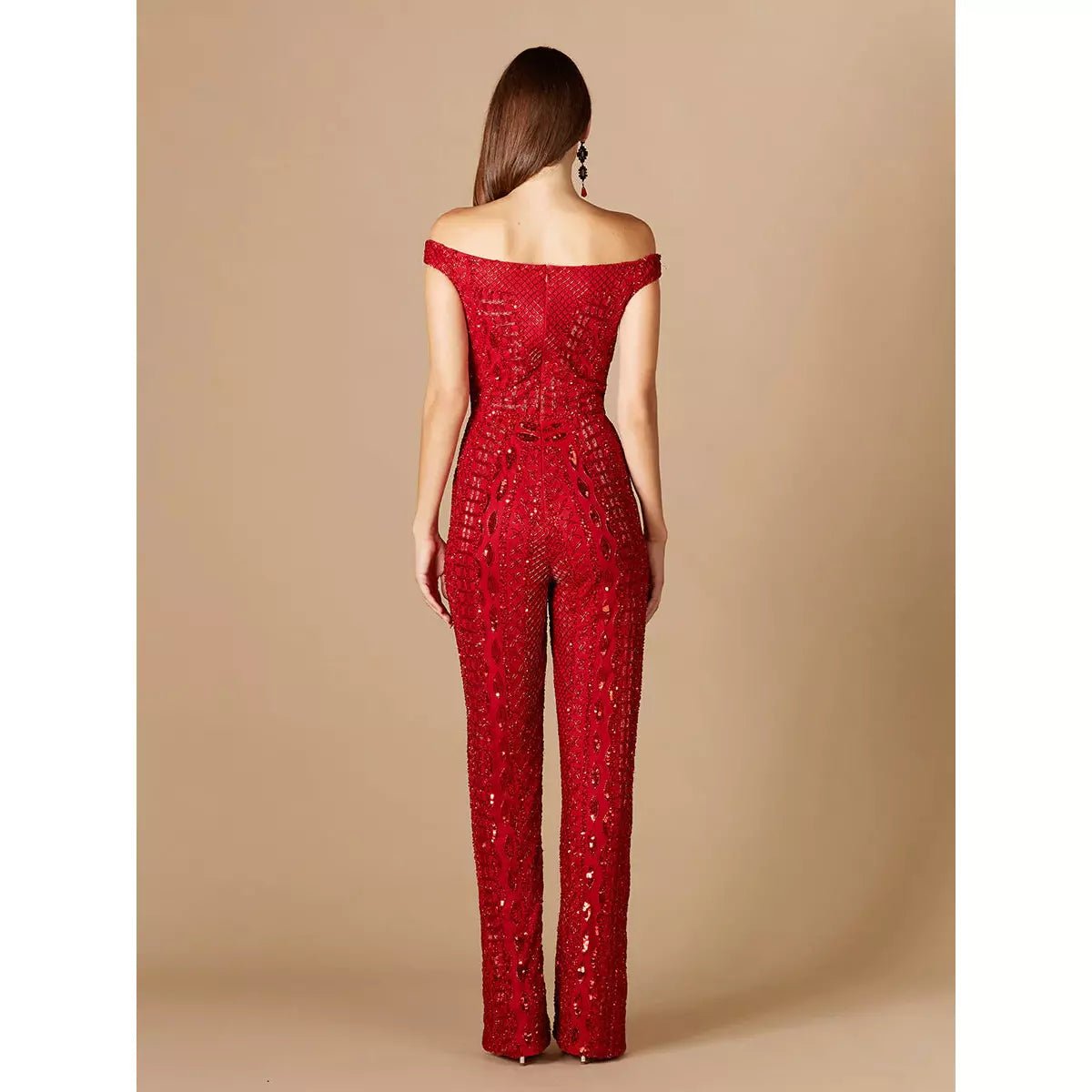 LARA 29323 - BEADED OFF SHOULDER JUMPSUIT - SARAH FASHION