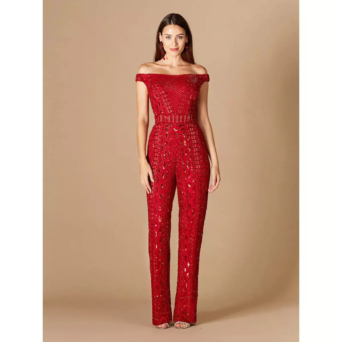 LARA 29323 - BEADED OFF SHOULDER JUMPSUIT - SARAH FASHION