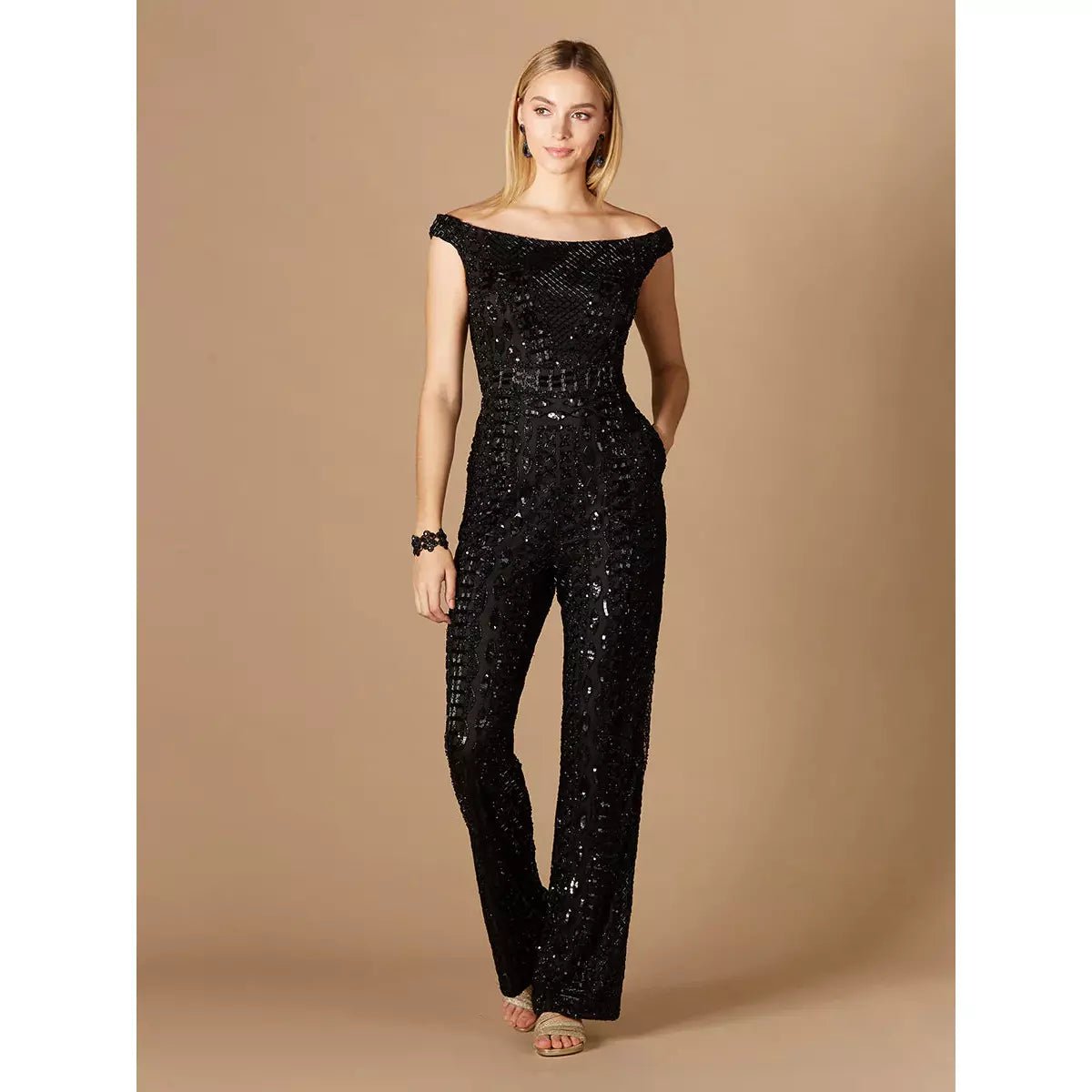 LARA 29323 - BEADED OFF SHOULDER JUMPSUIT - SARAH FASHION