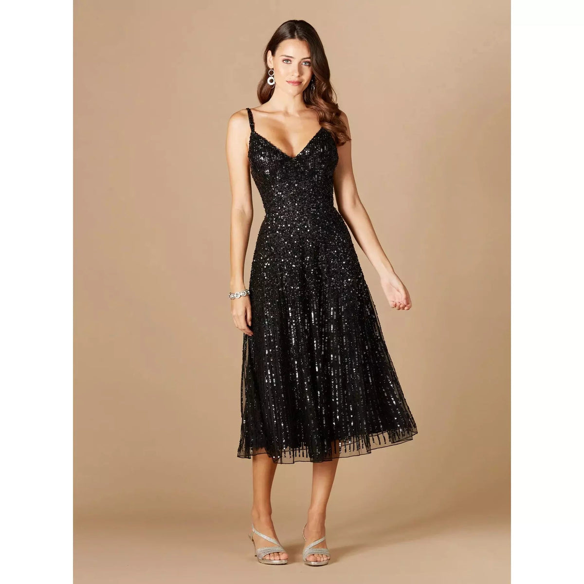 LARA 29347- FLOWING, SEQUIN MIDI DRESS - SARAH FASHION