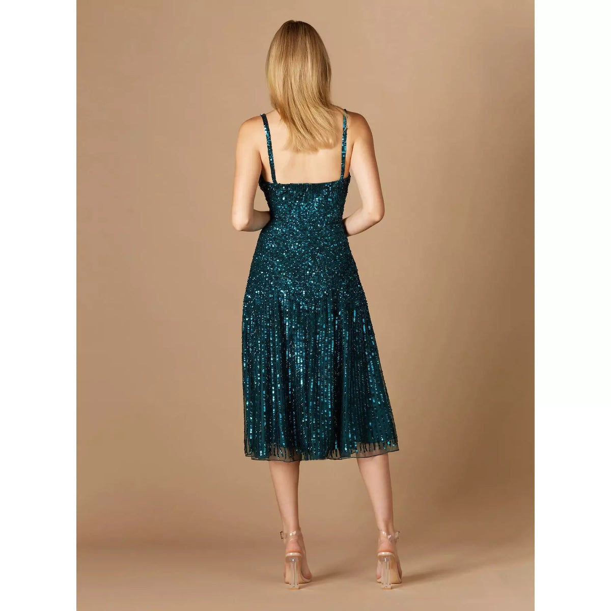 LARA 29347- FLOWING, SEQUIN MIDI DRESS - SARAH FASHION