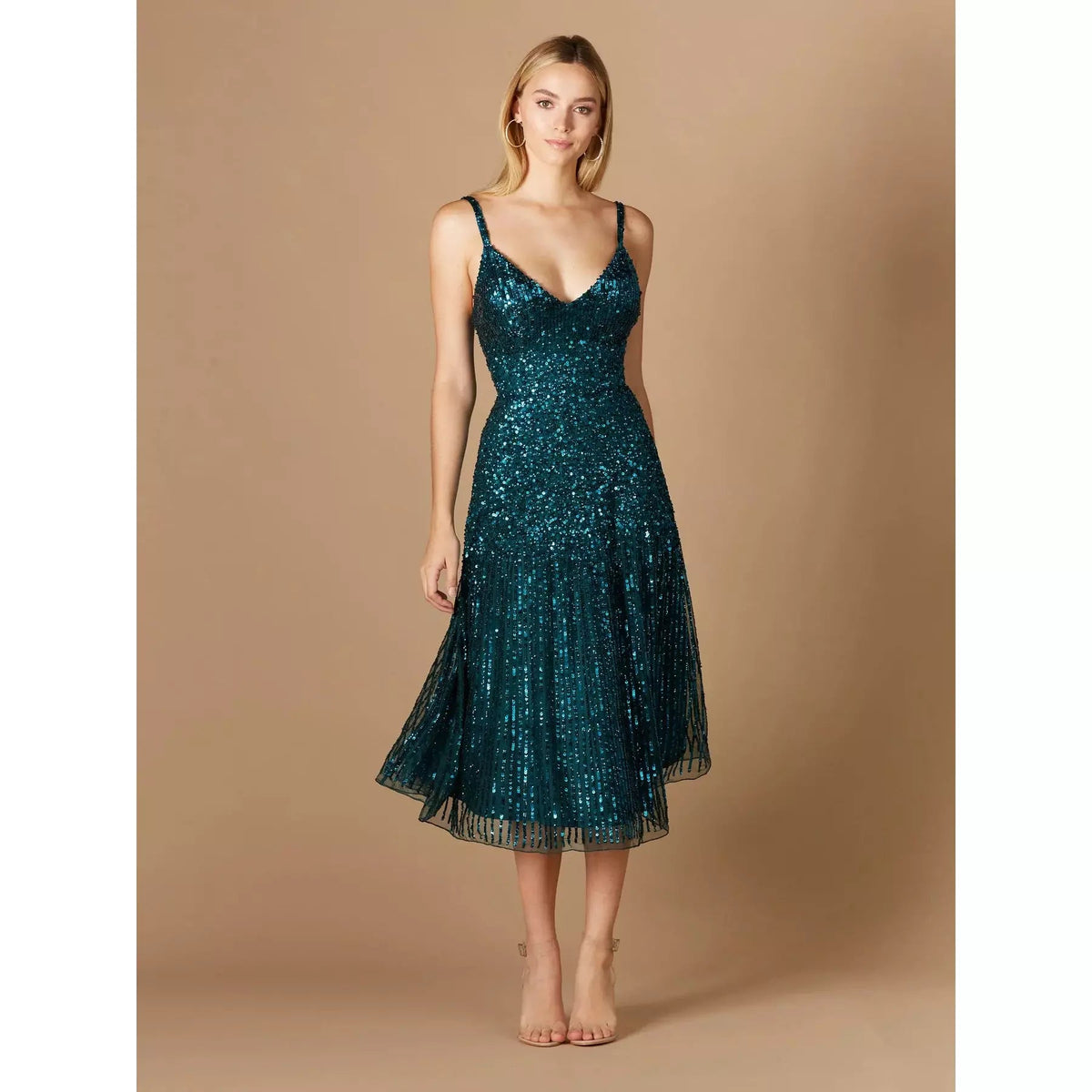 LARA 29347- FLOWING, SEQUIN MIDI DRESS - SARAH FASHION