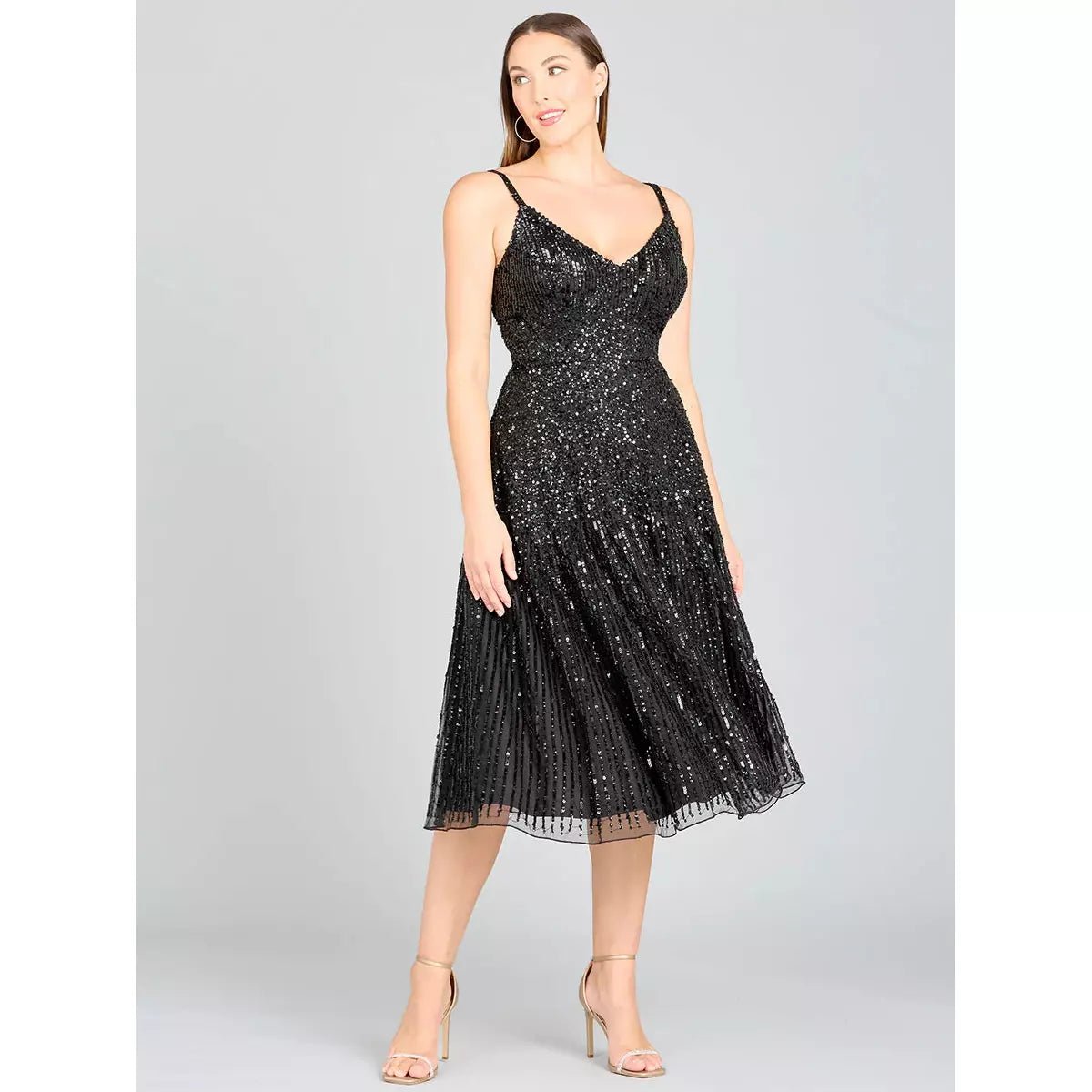 LARA 29347- FLOWING, SEQUIN MIDI DRESS - SARAH FASHION