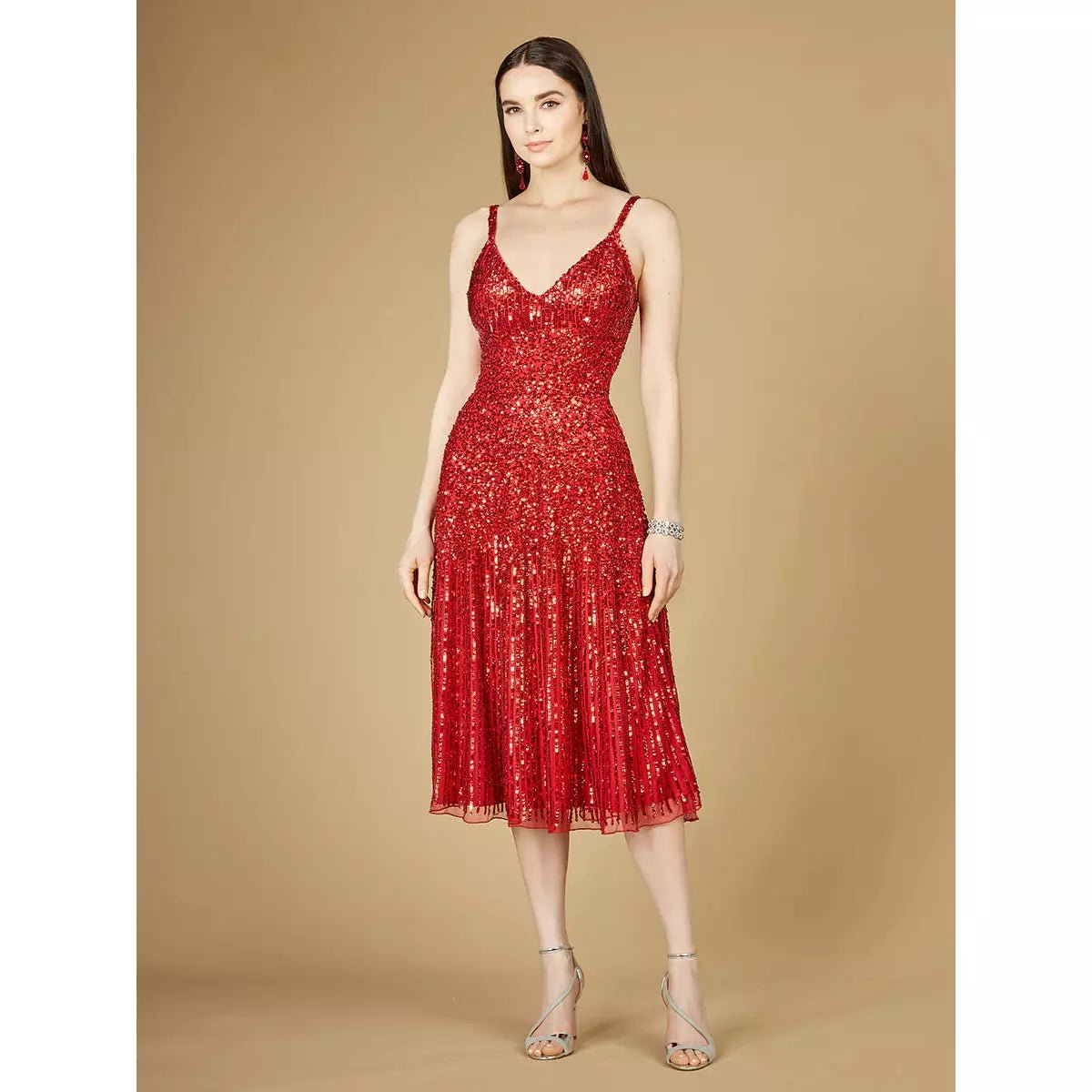 LARA 29347- FLOWING, SEQUIN MIDI DRESS - SARAH FASHION