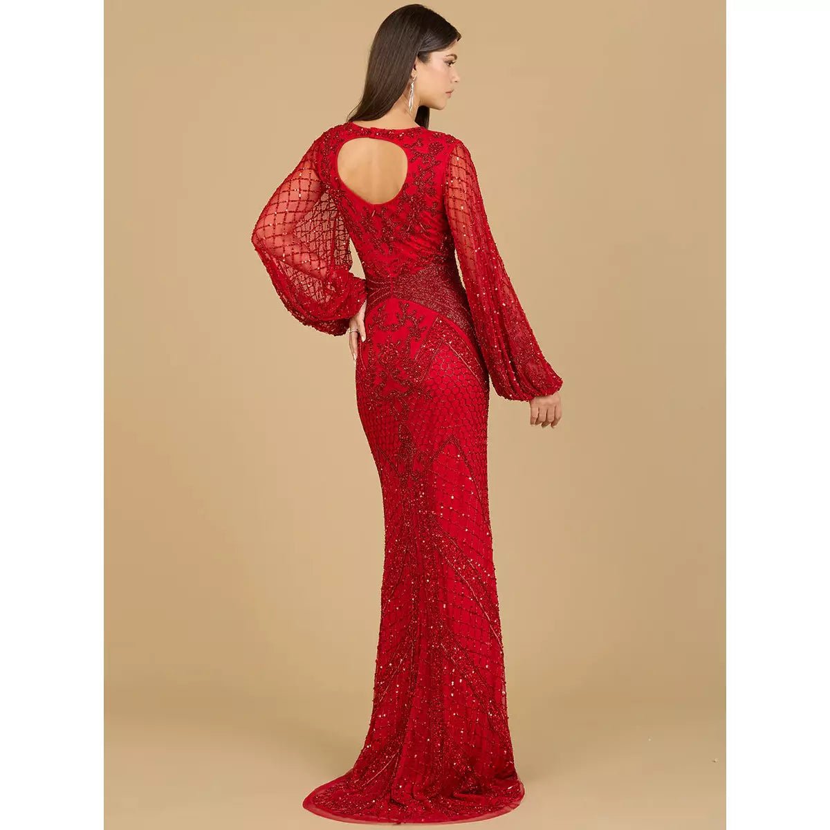 LARA 29366 - LONG FLUTTER SLEEVES BEADED DRESS - SARAH FASHION