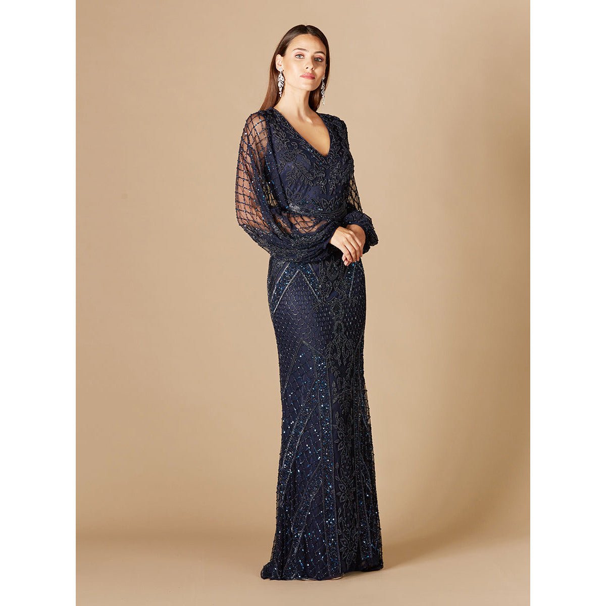 LARA 29366 - LONG FLUTTER SLEEVES BEADED DRESS - SARAH FASHION