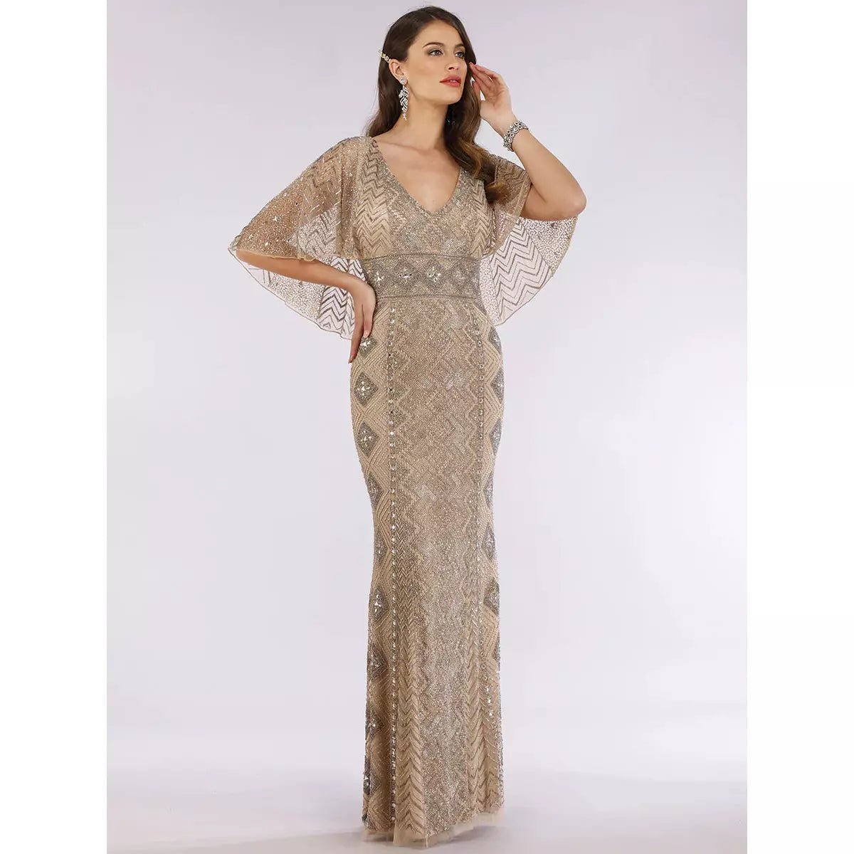 LARA 29397 - CAPE SLEEVE V-NECK BEADED GOWN - SARAH FASHION