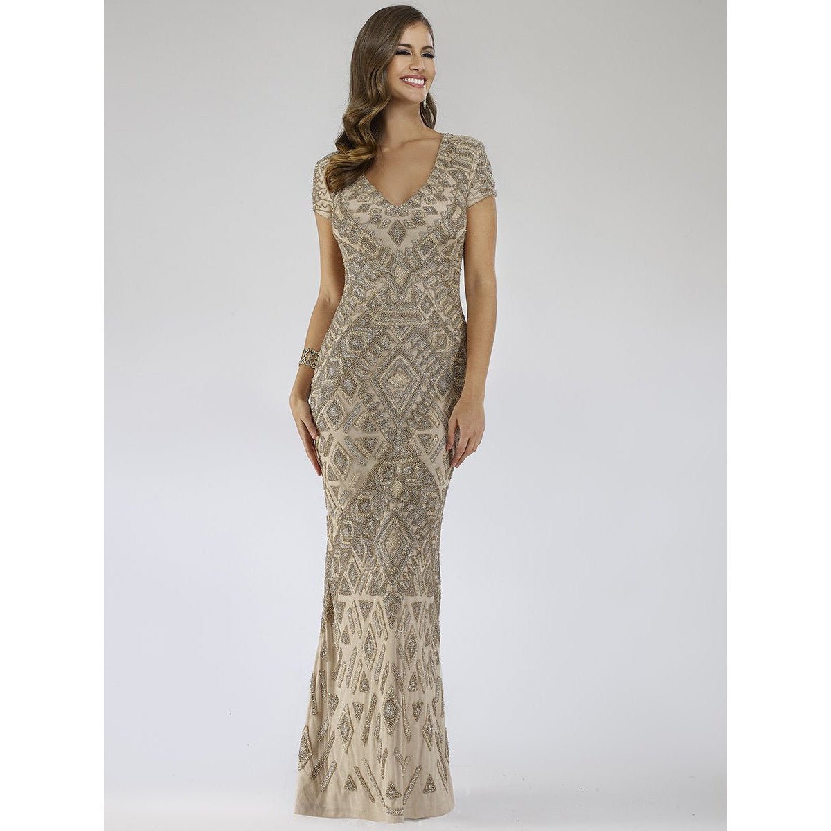 Lara 29604 - v neck embellished long dress - SARAH FASHION