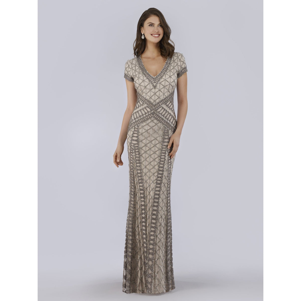 Lara 29746 - Beaded v Neck Long Dress - SARAH FASHION