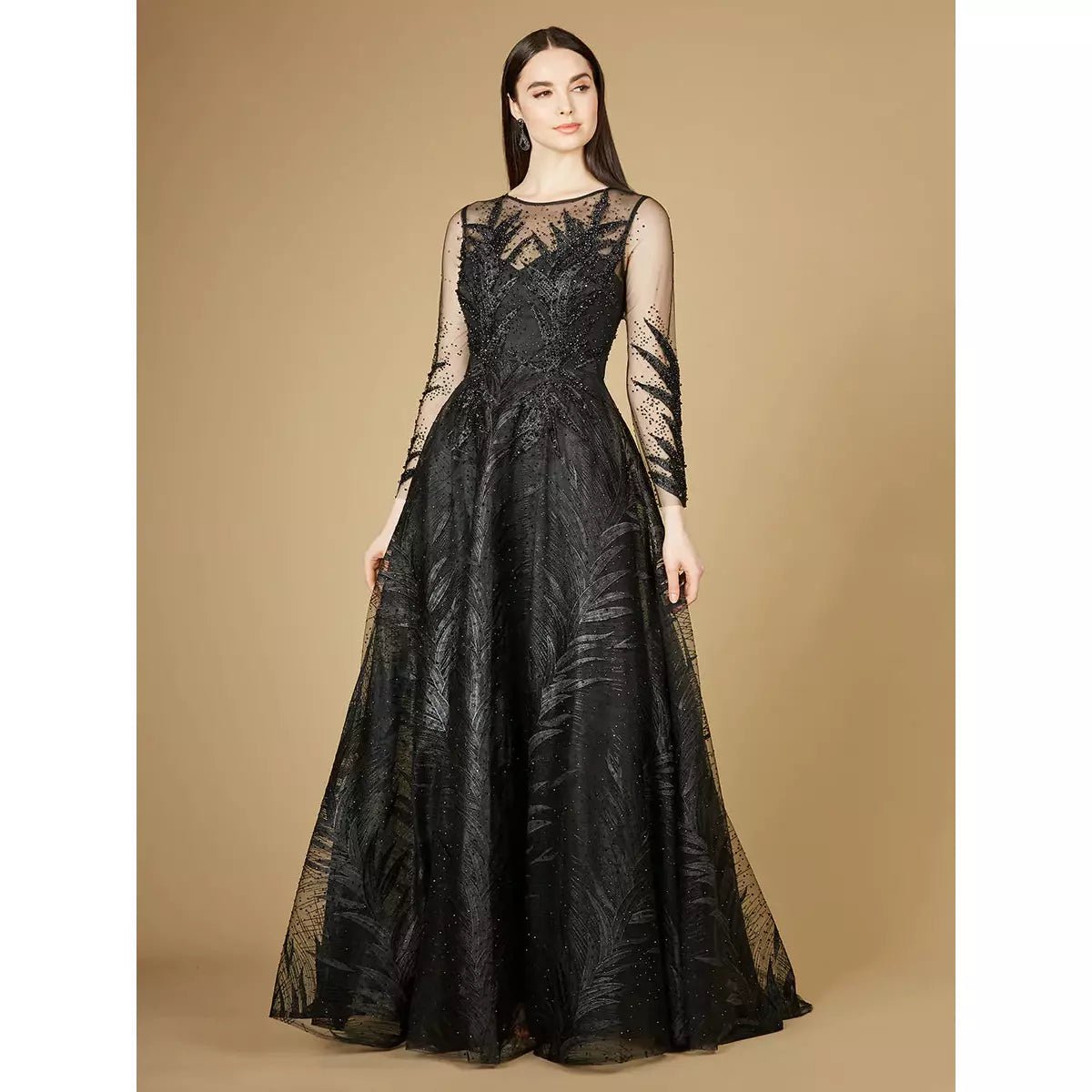 Lara 29761 - High Neck Sheer Long Sleeve Embellished Gown - SARAH FASHION