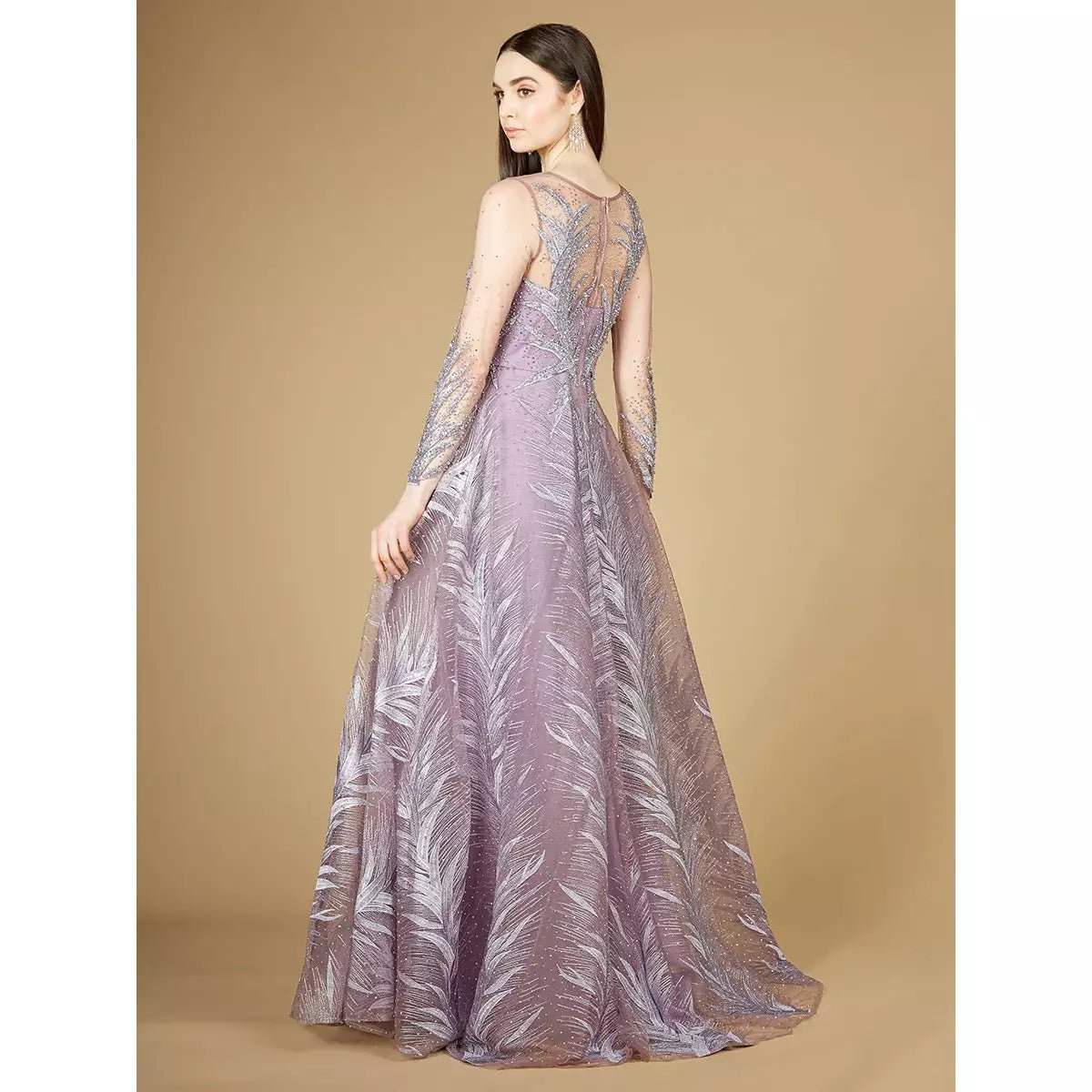 Lara 29761 - High Neck Sheer Long Sleeve Embellished Gown - SARAH FASHION