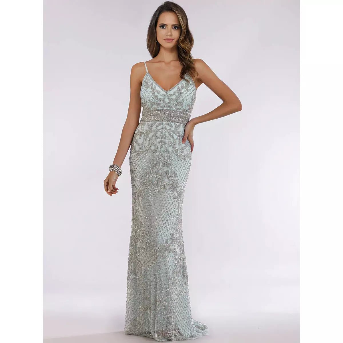 LARA 29904 - BODY CON V-NECK BEADED DRESS - SARAH FASHION