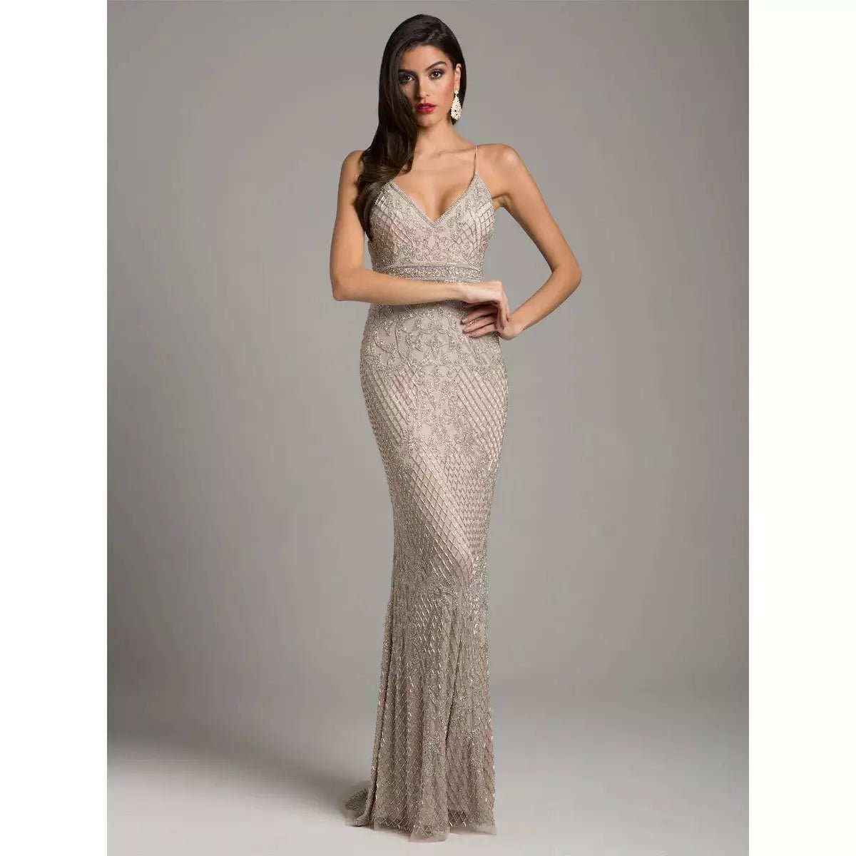 LARA 29904 - BODY CON V-NECK BEADED DRESS - SARAH FASHION