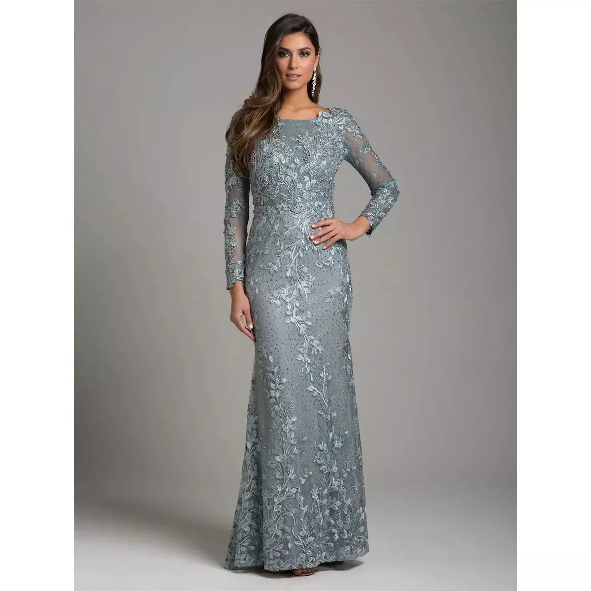 LARA 29924 LONG SLEEVE LACE DRESS WITH LACE APPLIQUES - SARAH FASHION